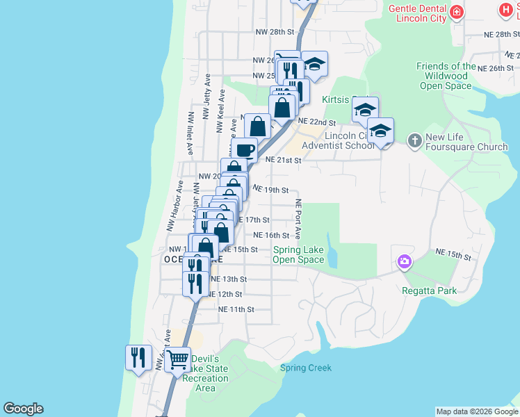 map of restaurants, bars, coffee shops, grocery stores, and more near 1730 Northeast 18th Street in Lincoln City