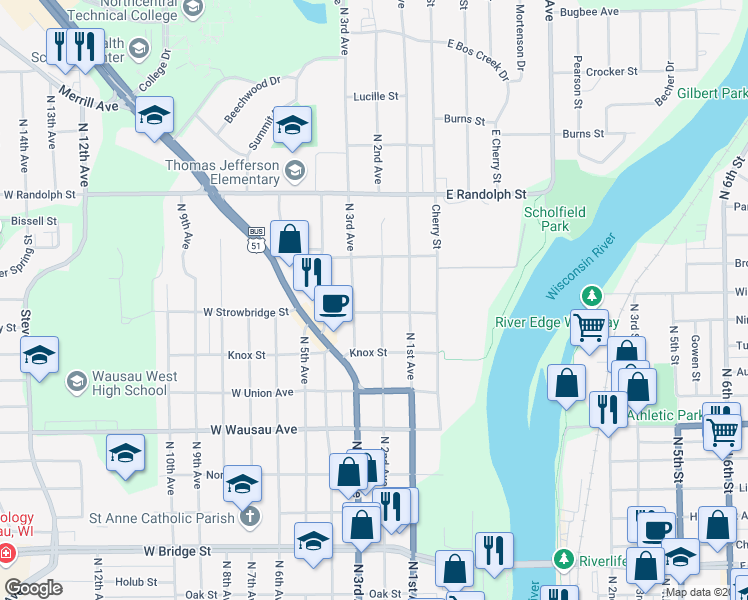 map of restaurants, bars, coffee shops, grocery stores, and more near 206 West Strowbridge Street in Wausau