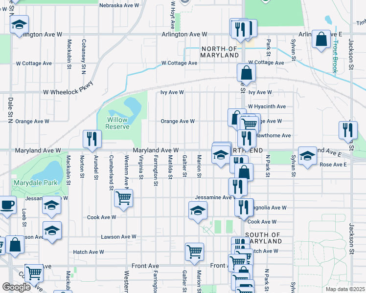 map of restaurants, bars, coffee shops, grocery stores, and more near in Saint Paul