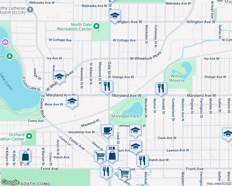 map of restaurants, bars, coffee shops, grocery stores, and more near 1202 Dale Street North in Saint Paul