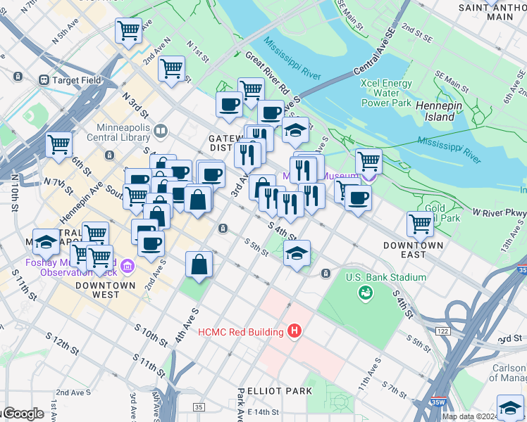 map of restaurants, bars, coffee shops, grocery stores, and more near 313 South 4th Avenue in Minneapolis