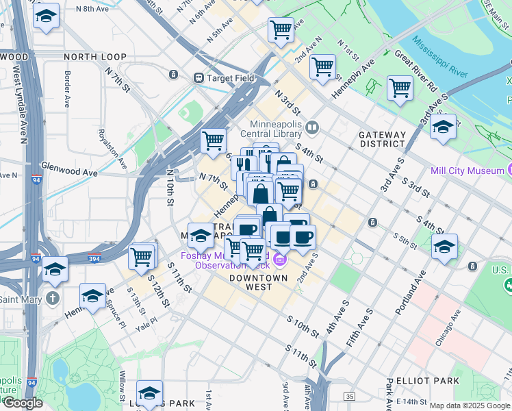 map of restaurants, bars, coffee shops, grocery stores, and more near 40 South 7th Street in Minneapolis