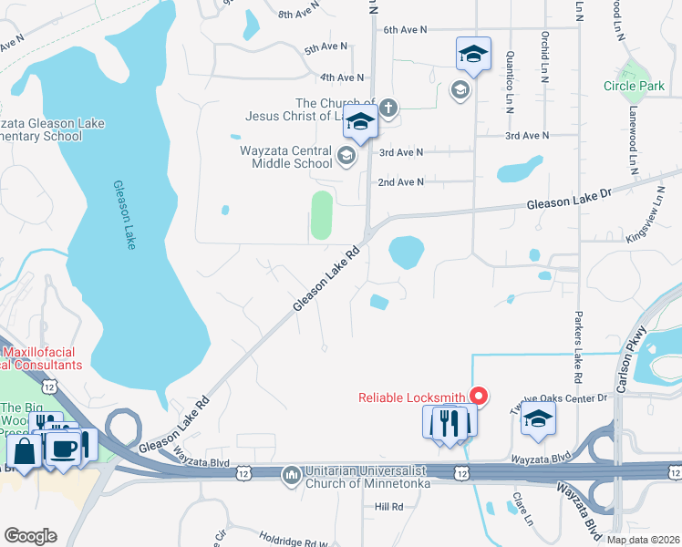 map of restaurants, bars, coffee shops, grocery stores, and more near 16101 Gleason Lake Drive in Wayzata