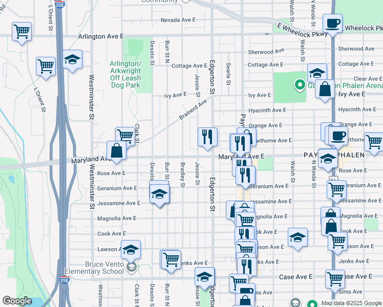 map of restaurants, bars, coffee shops, grocery stores, and more near 535 Maryland Avenue East in Saint Paul
