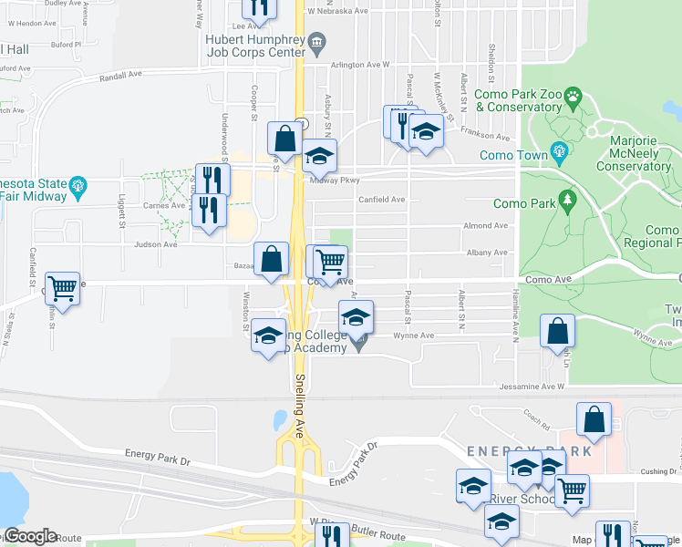 map of restaurants, bars, coffee shops, grocery stores, and more near 1535 Como Avenue in Saint Paul