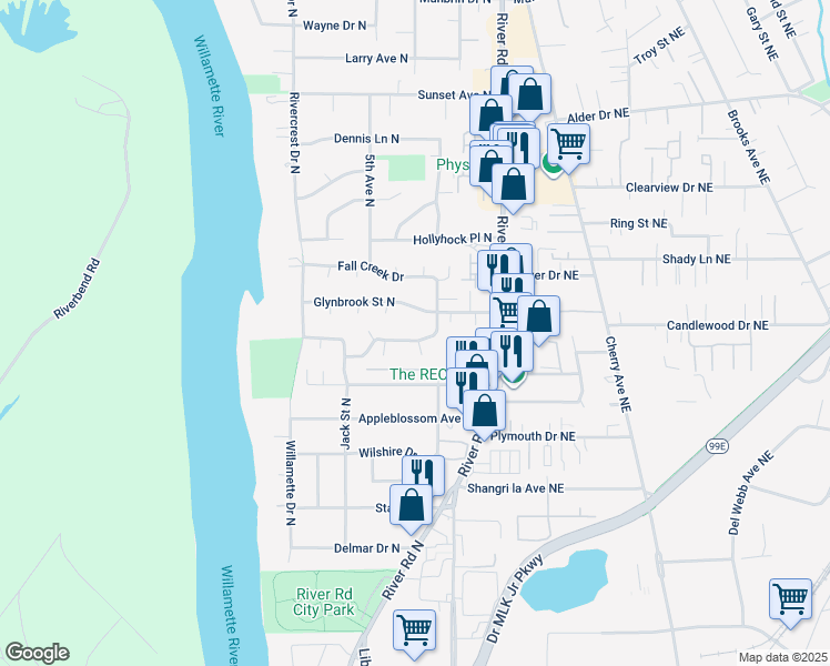 map of restaurants, bars, coffee shops, grocery stores, and more near 279 Dorcas Drive North in Keizer