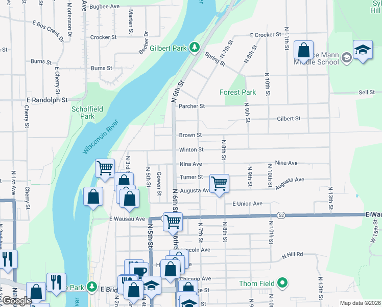 map of restaurants, bars, coffee shops, grocery stores, and more near 621 Winton Street in Wausau