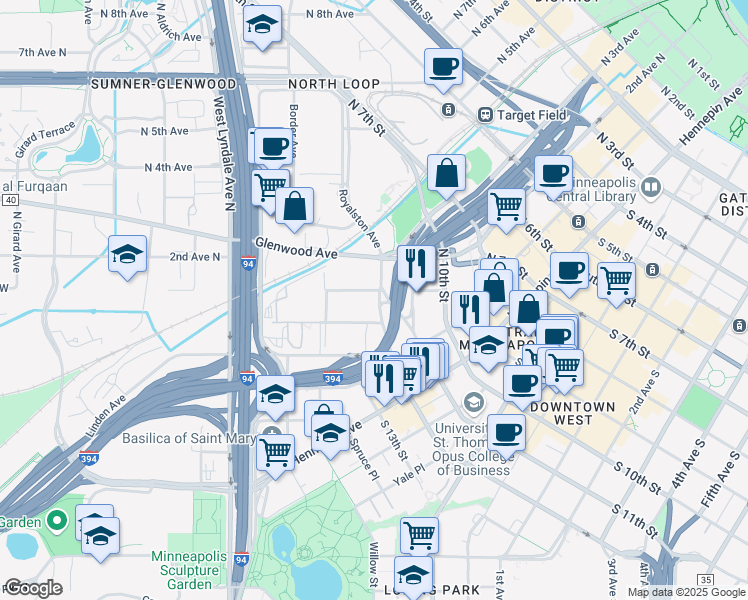 map of restaurants, bars, coffee shops, grocery stores, and more near 1201 Currie Ave in Minneapolis