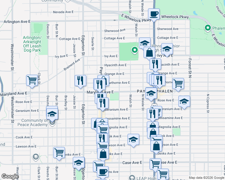 map of restaurants, bars, coffee shops, grocery stores, and more near 675 Maryland Avenue East in Saint Paul