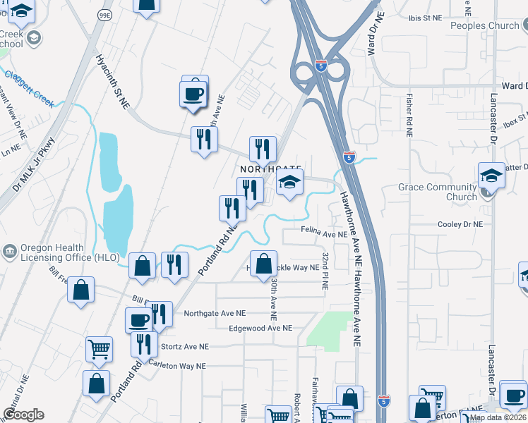 map of restaurants, bars, coffee shops, grocery stores, and more near 4098 Portland Road Northeast in Salem