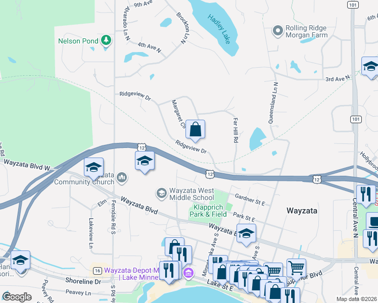 map of restaurants, bars, coffee shops, grocery stores, and more near 340 Ridgeview Drive in Wayzata