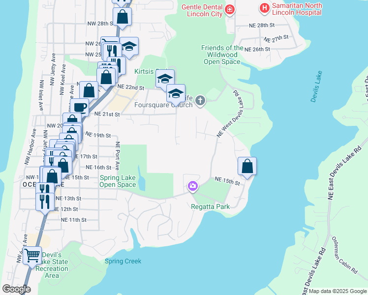 map of restaurants, bars, coffee shops, grocery stores, and more near 1830 Northeast Surf Avenue in Lincoln City