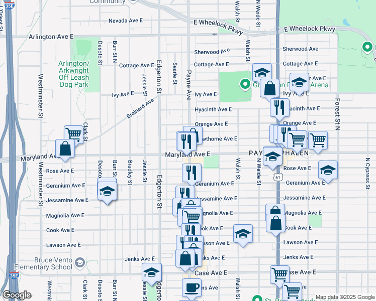 map of restaurants, bars, coffee shops, grocery stores, and more near 635 Maryland Avenue East in Saint Paul