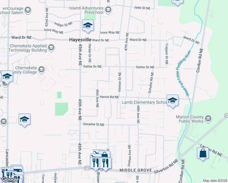 map of restaurants, bars, coffee shops, grocery stores, and more near 4033 Wyant Court Northeast in Salem