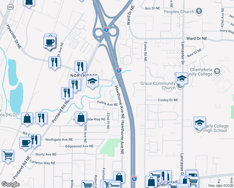 map of restaurants, bars, coffee shops, grocery stores, and more near 4081 Hawthorne Avenue Northeast in Salem