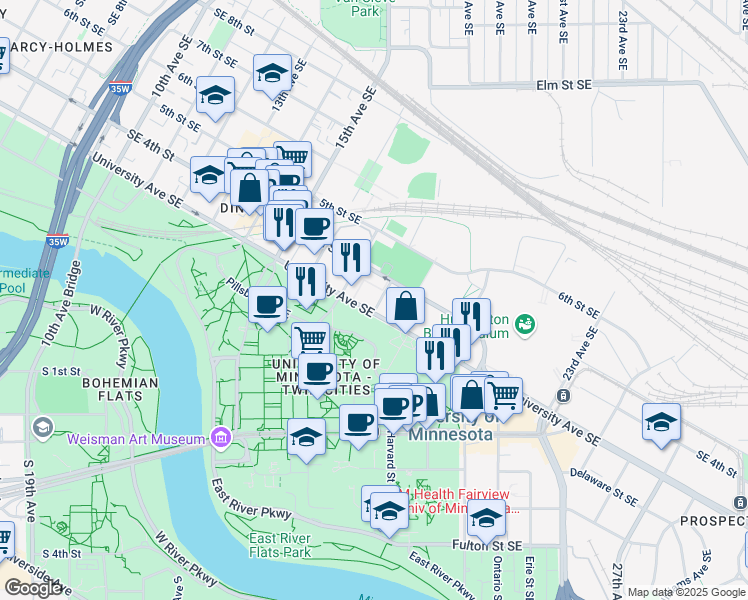 map of restaurants, bars, coffee shops, grocery stores, and more near 1725 University Avenue Southeast in Minneapolis