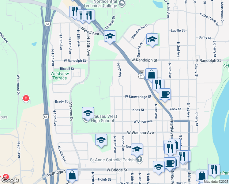 map of restaurants, bars, coffee shops, grocery stores, and more near 1202 North 10th Avenue in Wausau