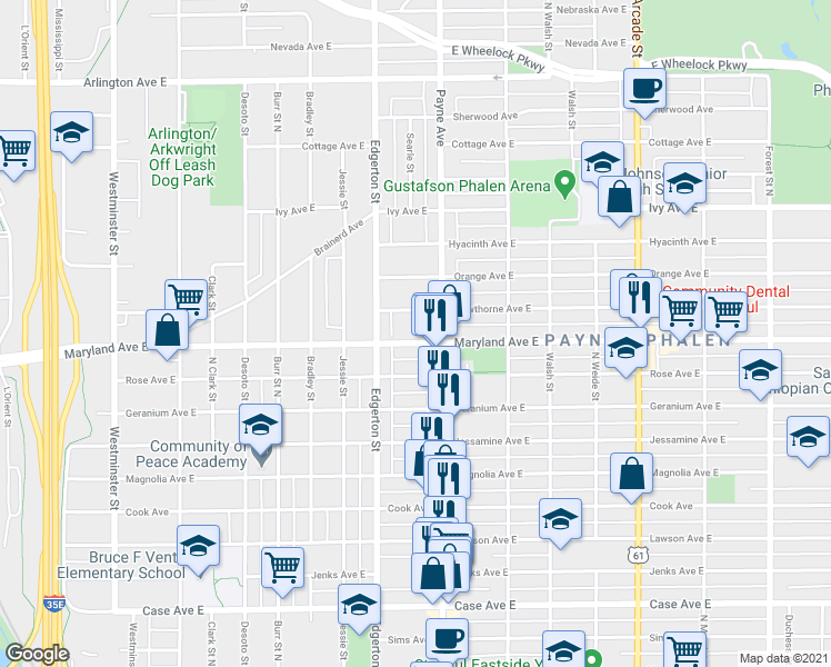 map of restaurants, bars, coffee shops, grocery stores, and more near 607 Maryland Avenue East in Saint Paul