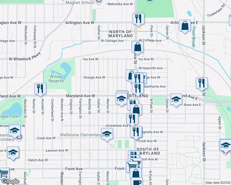 map of restaurants, bars, coffee shops, grocery stores, and more near 185 Maryland Avenue West in Saint Paul