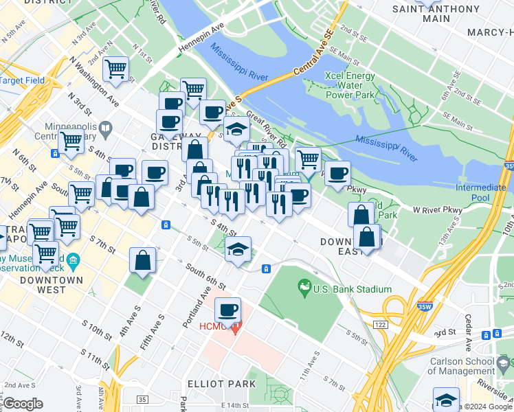 map of restaurants, bars, coffee shops, grocery stores, and more near 530 South 3rd Street in Minneapolis