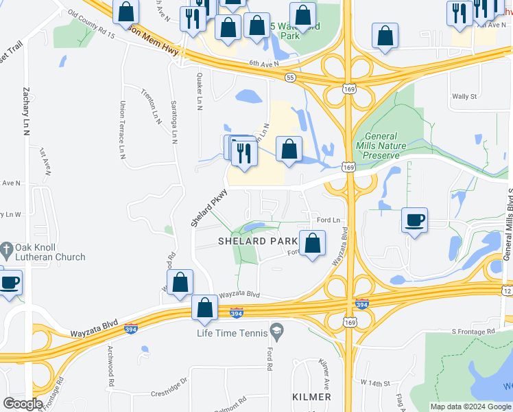 map of restaurants, bars, coffee shops, grocery stores, and more near 275 Shelard Parkway in St. Louis Park