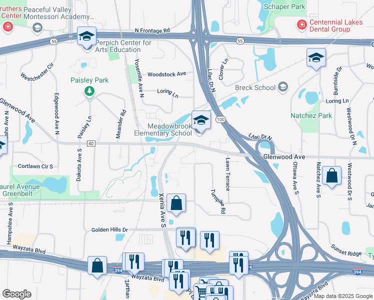map of restaurants, bars, coffee shops, grocery stores, and more near 5501 Glenwood Avenue in Golden Valley