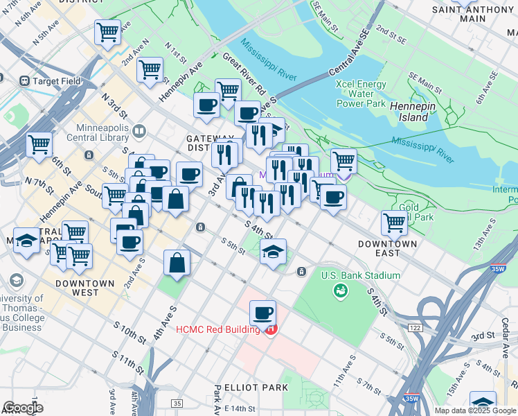 map of restaurants, bars, coffee shops, grocery stores, and more near 310 South 5th Avenue in Minneapolis