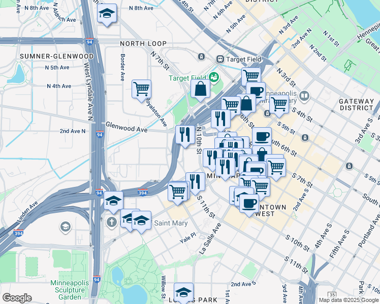 map of restaurants, bars, coffee shops, grocery stores, and more near 55-99 10th St N in Minneapolis