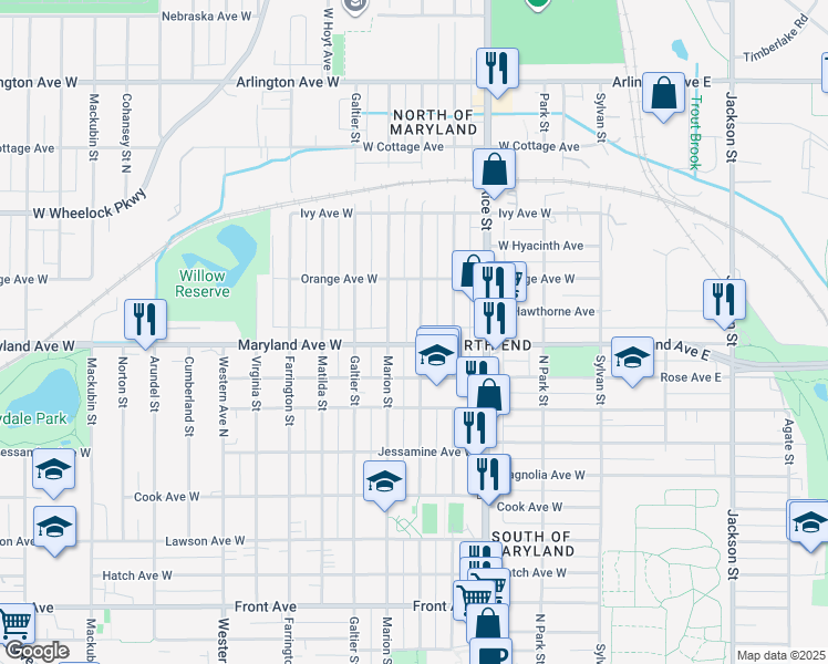 map of restaurants, bars, coffee shops, grocery stores, and more near 185 Maryland Avenue West in Saint Paul