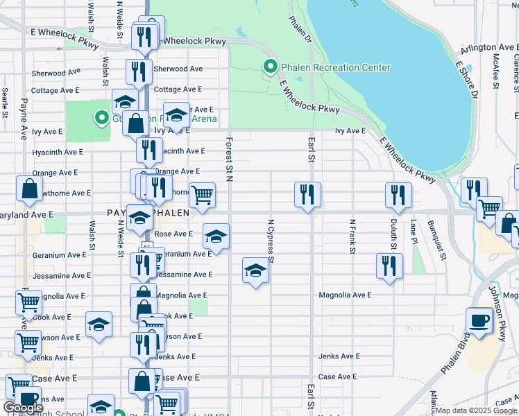 map of restaurants, bars, coffee shops, grocery stores, and more near in Saint Paul