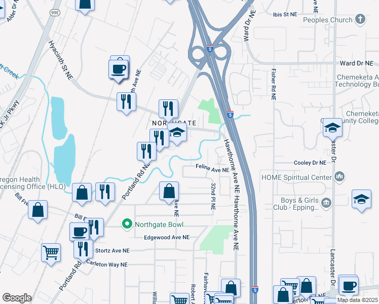 map of restaurants, bars, coffee shops, grocery stores, and more near 4000 Deerhaven Drive Northeast in Salem