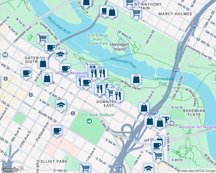 map of restaurants, bars, coffee shops, grocery stores, and more near 900 South 2nd Street in Minneapolis