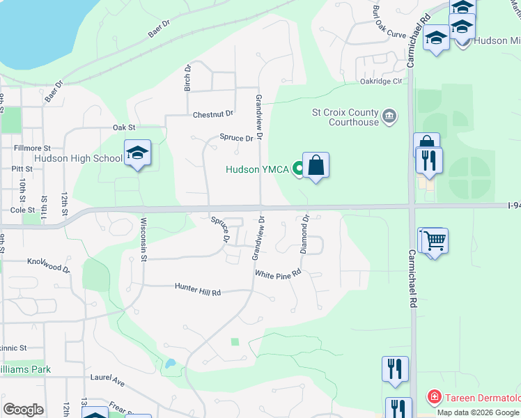 map of restaurants, bars, coffee shops, grocery stores, and more near 698 Grandview Drive in Hudson