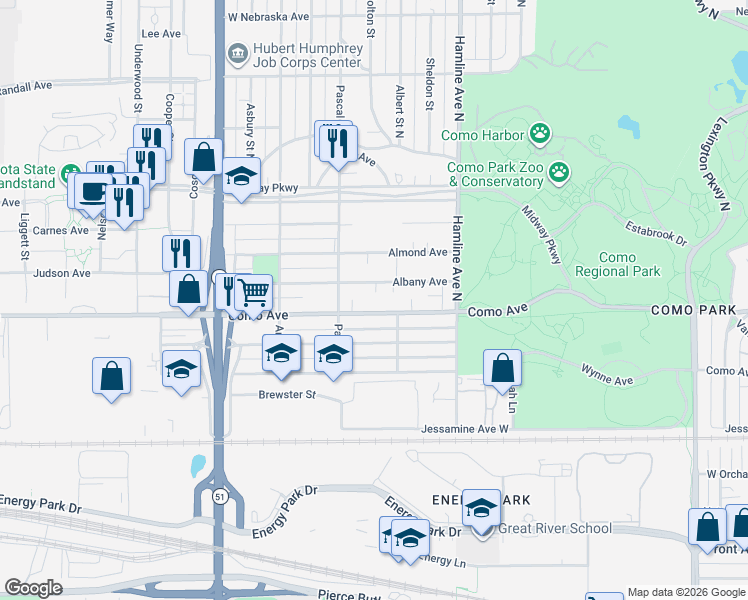 map of restaurants, bars, coffee shops, grocery stores, and more near 1423 Como Avenue in Saint Paul