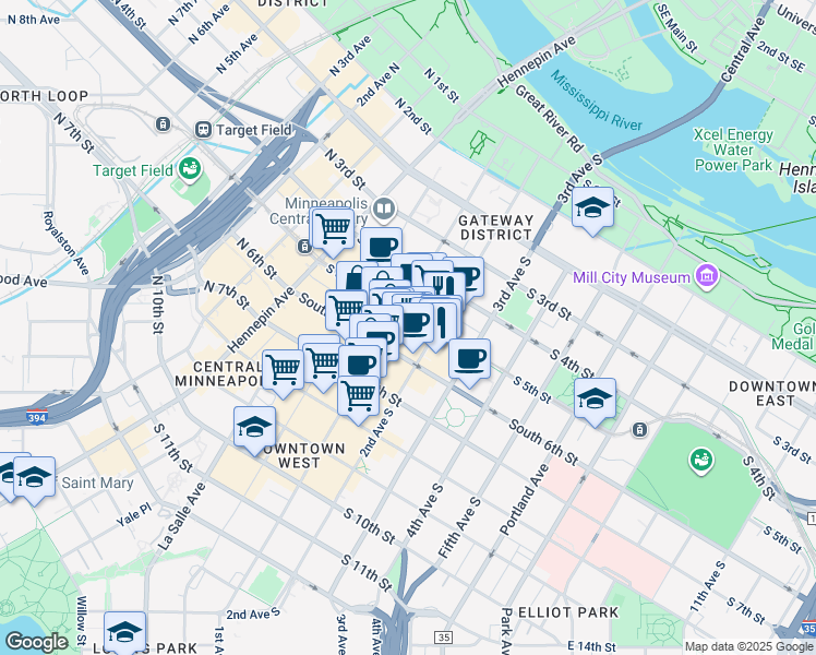 map of restaurants, bars, coffee shops, grocery stores, and more near 101 South 5th Street in Minneapolis