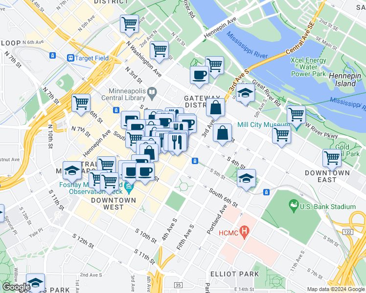 map of restaurants, bars, coffee shops, grocery stores, and more near 200 South 5th Avenue in Minneapolis