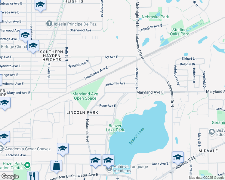 map of restaurants, bars, coffee shops, grocery stores, and more near 2176 Maryland Avenue East in Saint Paul