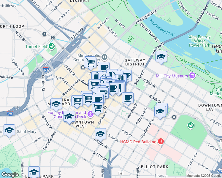 map of restaurants, bars, coffee shops, grocery stores, and more near 505 South Marquette Avenue in Minneapolis