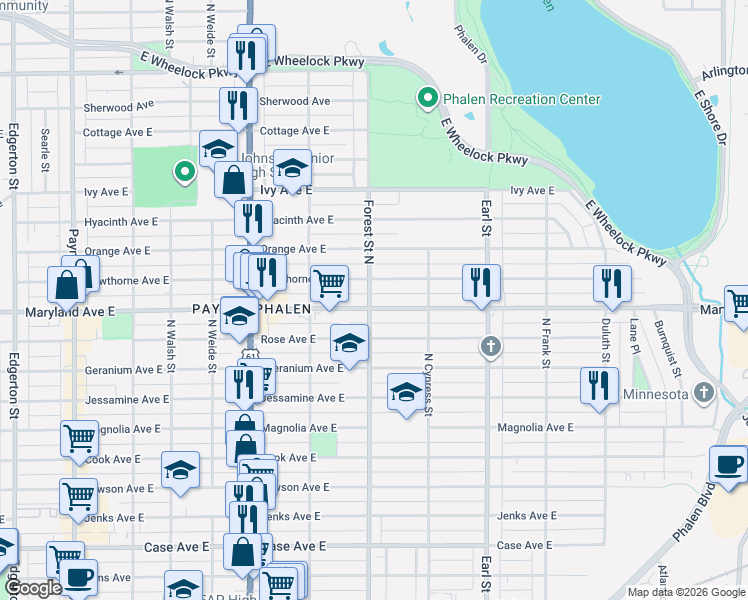 map of restaurants, bars, coffee shops, grocery stores, and more near 941 Maryland Avenue East in Saint Paul