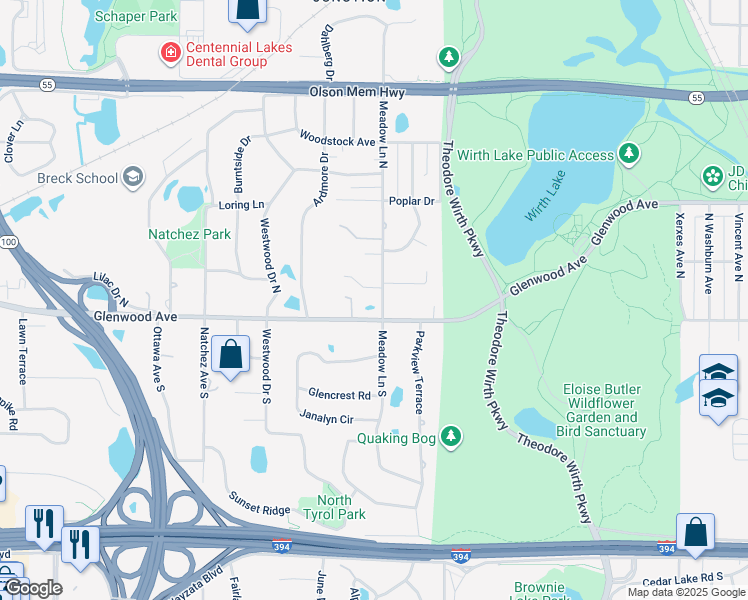 map of restaurants, bars, coffee shops, grocery stores, and more near 9 Meadow Lane North in Minneapolis
