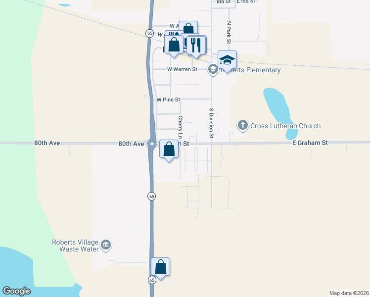 map of restaurants, bars, coffee shops, grocery stores, and more near 551 Lulu Lane in Roberts