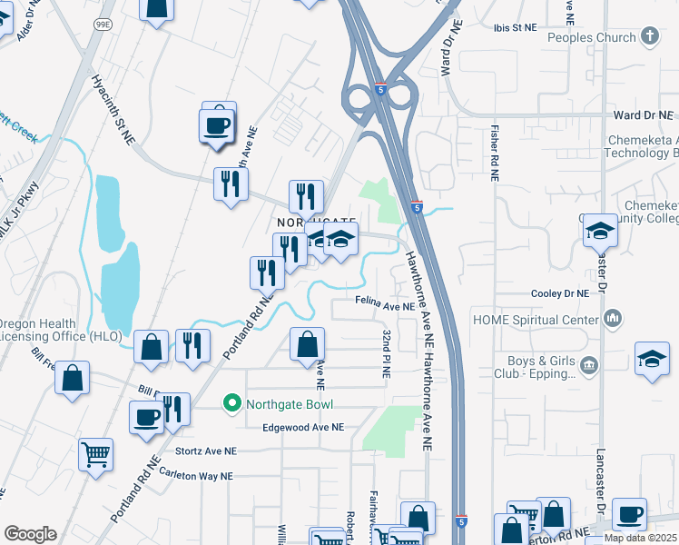 map of restaurants, bars, coffee shops, grocery stores, and more near 4000 Deerhaven Drive Northeast in Salem