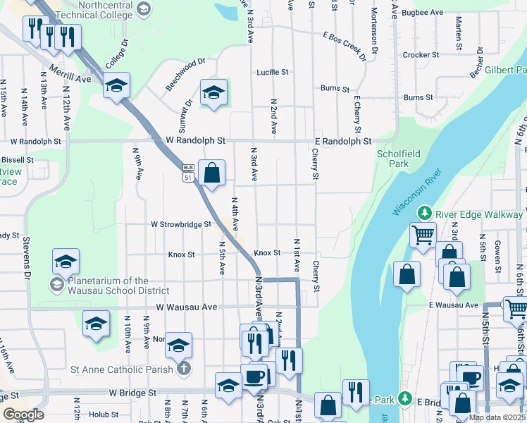 map of restaurants, bars, coffee shops, grocery stores, and more near 206 West Strowbridge Street in Wausau