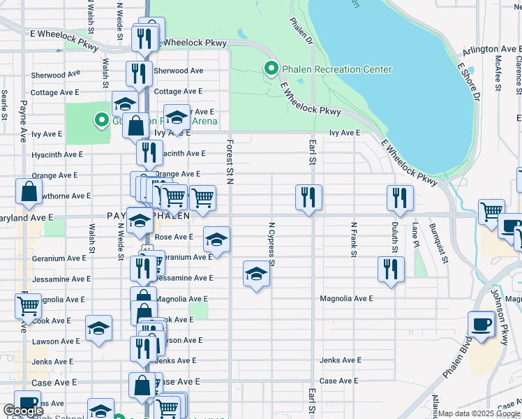 map of restaurants, bars, coffee shops, grocery stores, and more near in Saint Paul