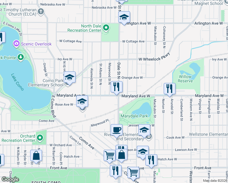 map of restaurants, bars, coffee shops, grocery stores, and more near 225 Front Avenue in Saint Paul