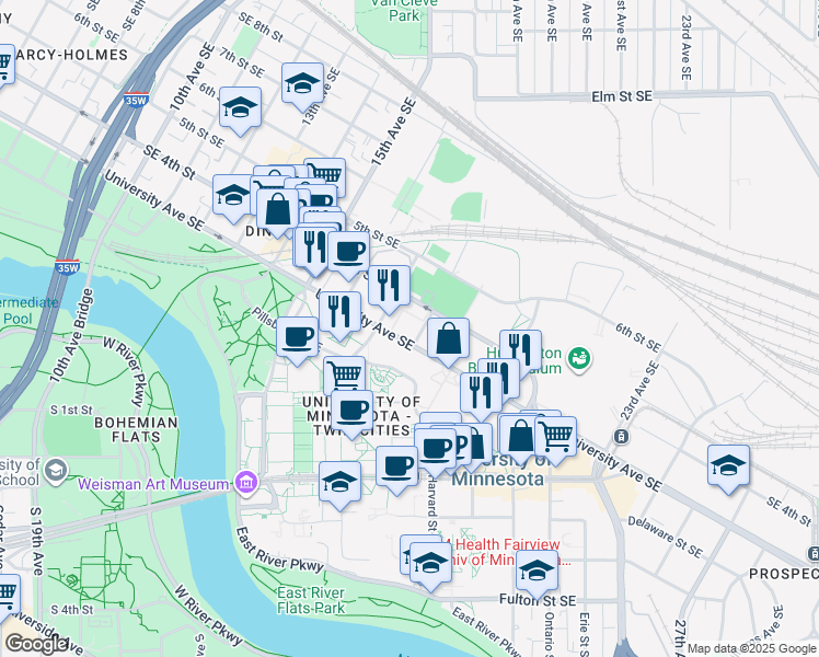 map of restaurants, bars, coffee shops, grocery stores, and more near 1725 University Avenue Southeast in Minneapolis
