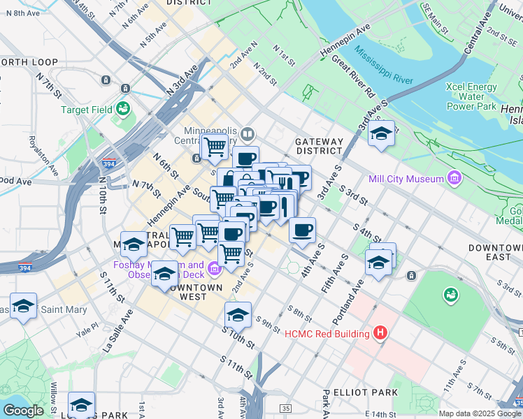 map of restaurants, bars, coffee shops, grocery stores, and more near 505 South Marquette Avenue in Minneapolis