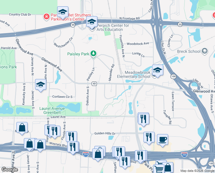 map of restaurants, bars, coffee shops, grocery stores, and more near 140 King Hill Road in Minneapolis