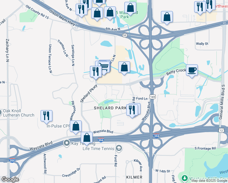 map of restaurants, bars, coffee shops, grocery stores, and more near 275 Shelard Parkway in St. Louis Park