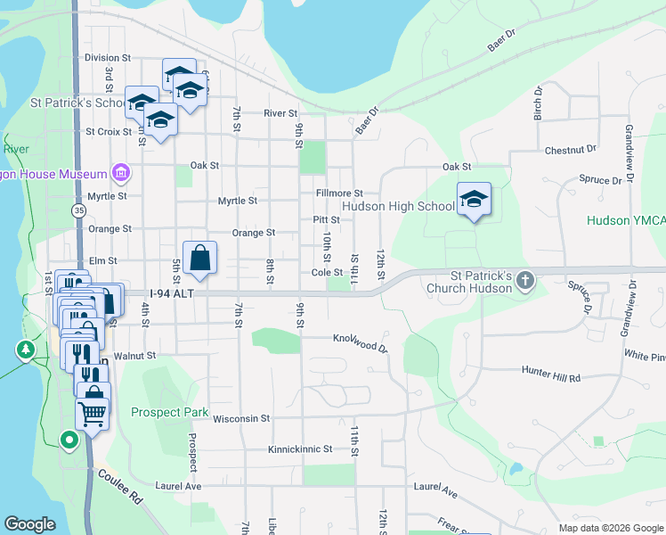 map of restaurants, bars, coffee shops, grocery stores, and more near 718 10th Street in Hudson